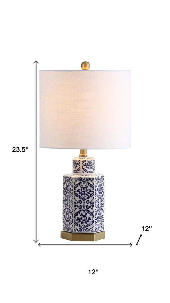 24" Navy Blue Gold And White Table Lamp With Drum Shade