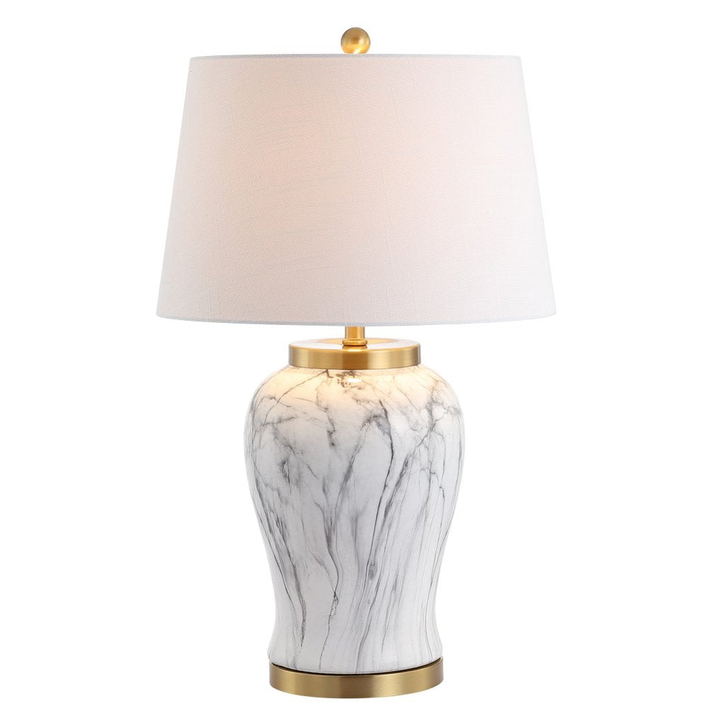 28" Gray White And Gold Urn Table Lamp With Empire Shade
