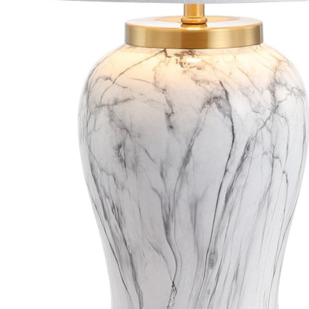 28" Gray White And Gold Urn Table Lamp With Empire Shade