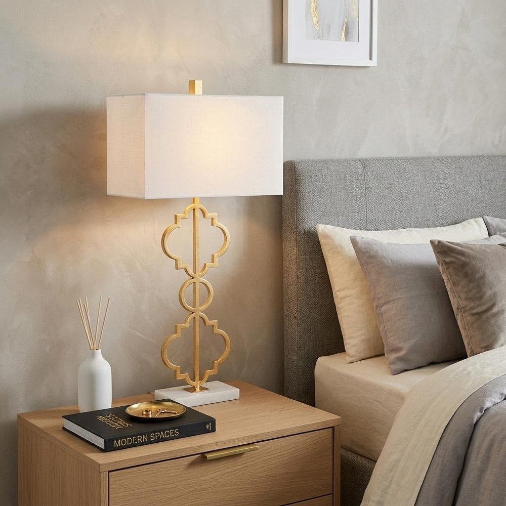 32" White Geometric Table Lamp With Shade