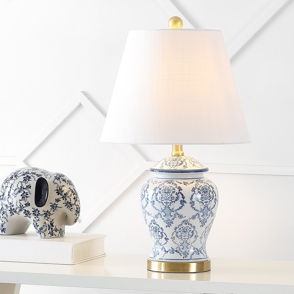 22" White Blue And Gold Urn Table Lamp With Empire Shade