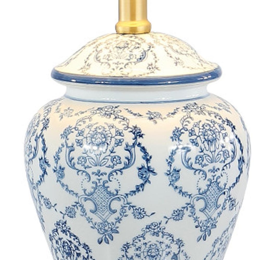 22" White Blue And Gold Urn Table Lamp With Empire Shade