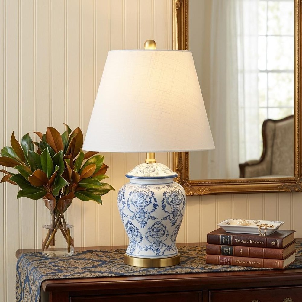 22" White Blue And Gold Urn Table Lamp With Empire Shade