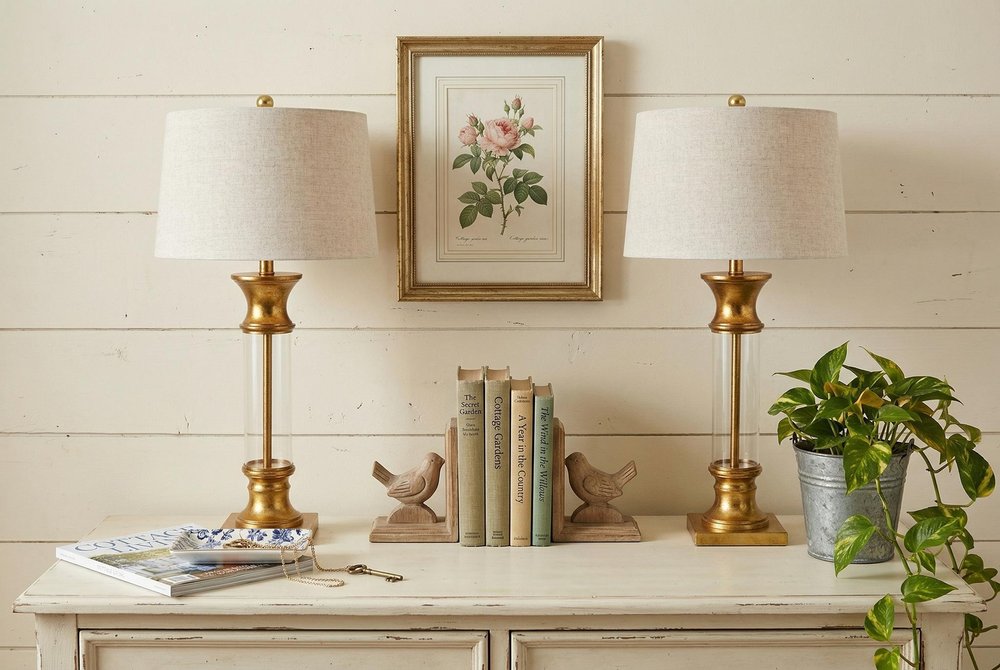 Set of Two 32" Gold Novelty Table Lamps With Drum Shades