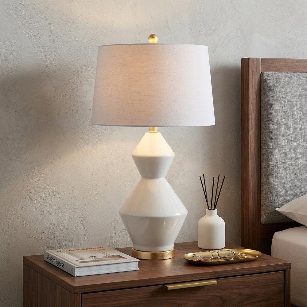 29" White And Gold Novelty Bedside Lamp With Drum Shade