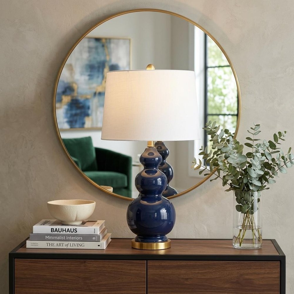 28" Navy Blue And Gold Novelty Table Lamp With Empire Shade