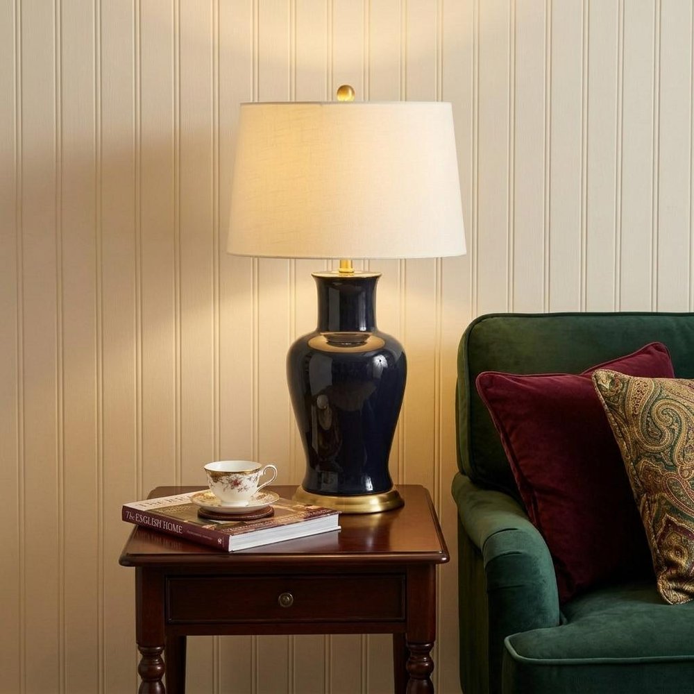 29" Navy Blue And Gold Urn Bedside Lamp With Drum Shade