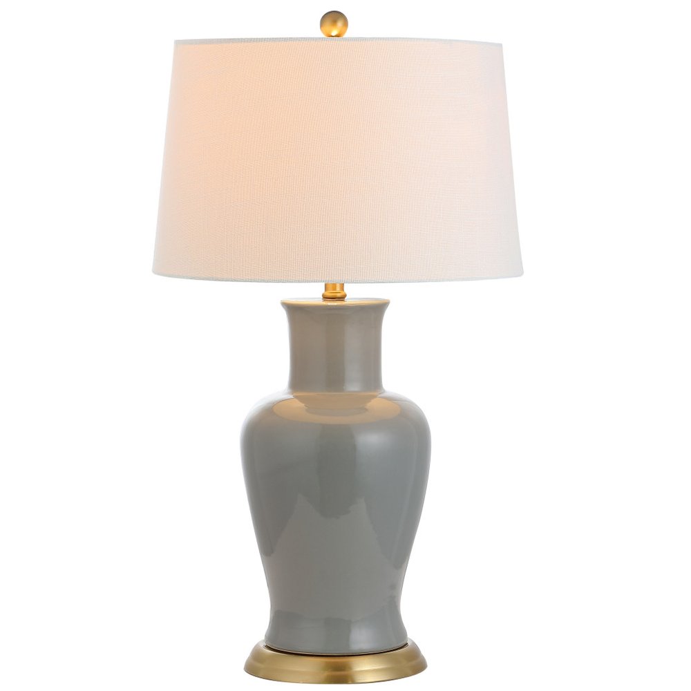 29" Gray And Gold Urn Bedside Lamp With Drum Shade