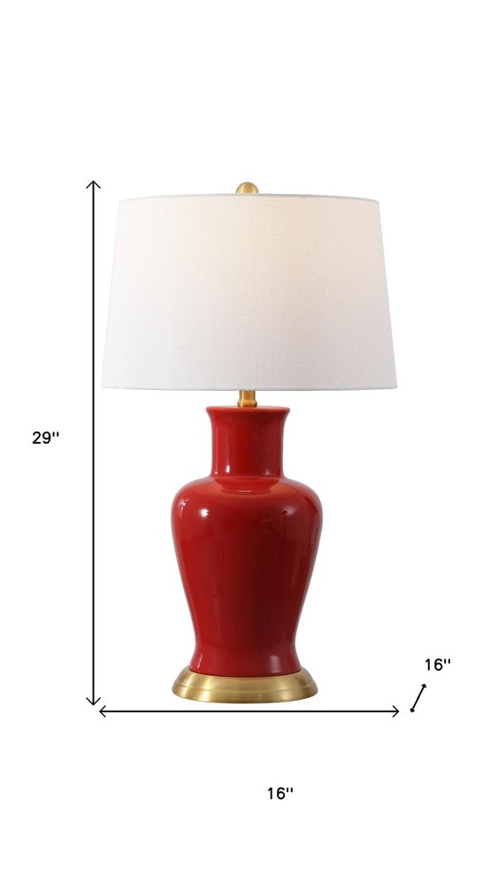 29" Red And Gold Urn Table Lamp With Drum Shade