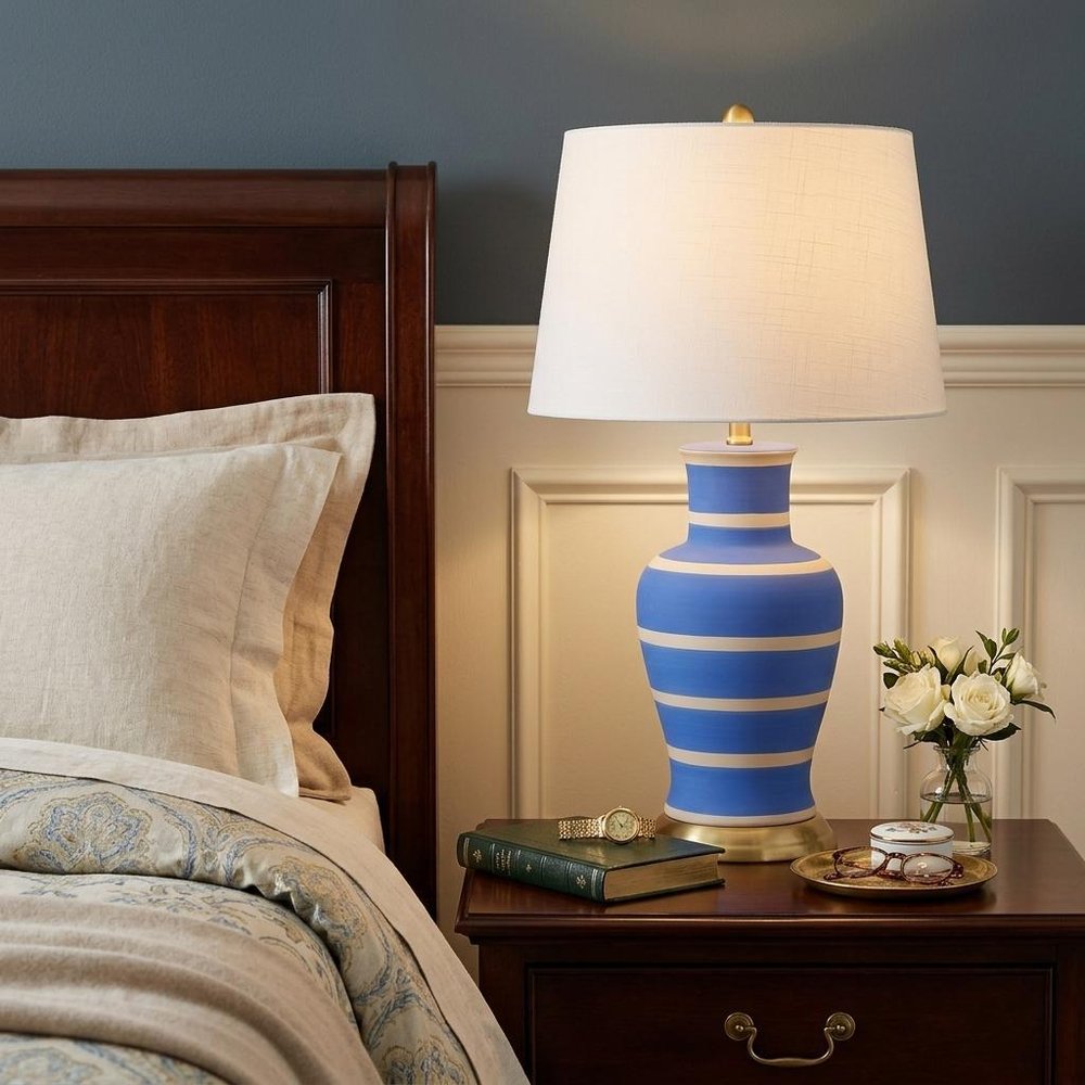 29" Blue Gold And Beige Urn Bedside Lamp With Empire Shade