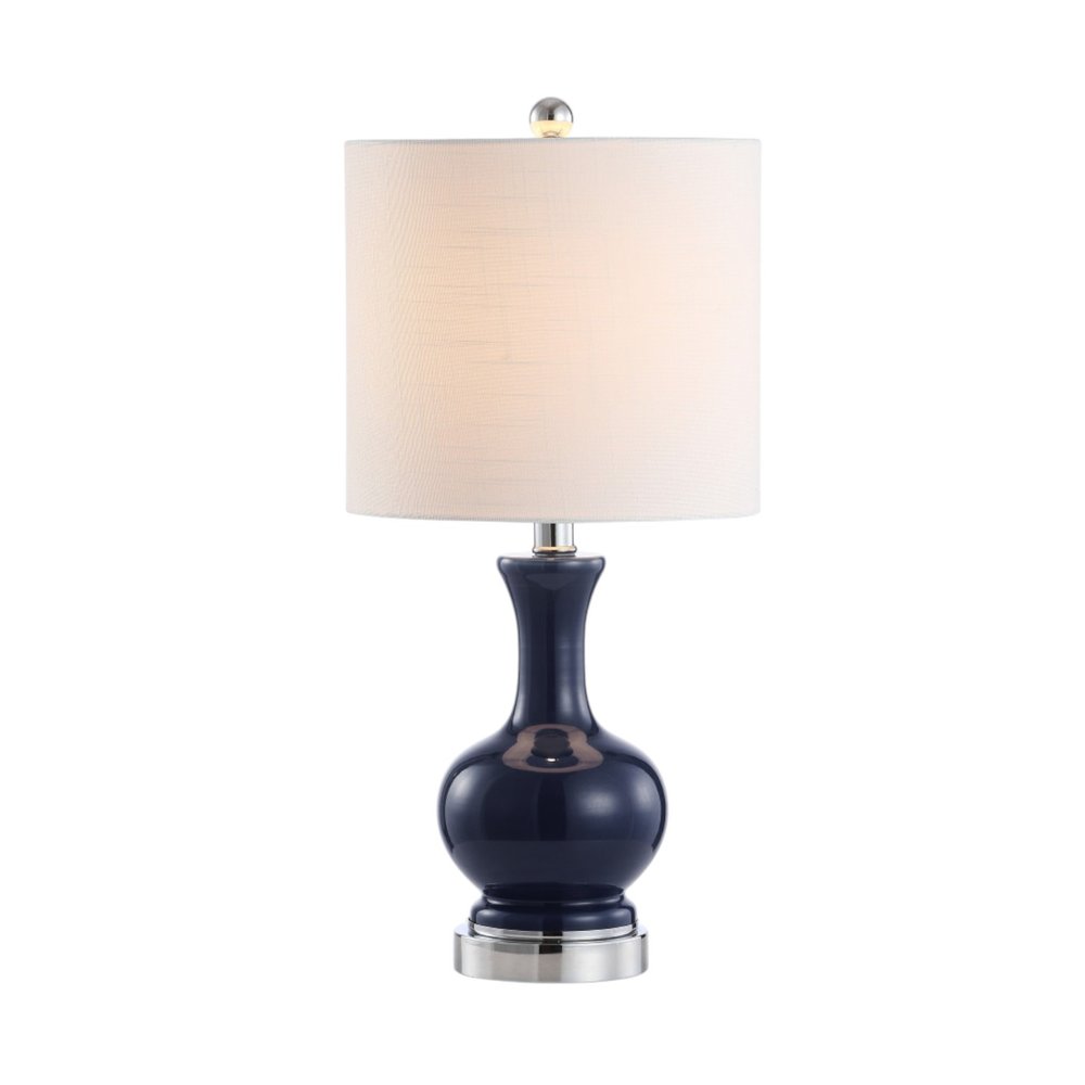 Set of Two 22" Navy Blue And Silver Gourd Bedside Lamps With Drum Shades