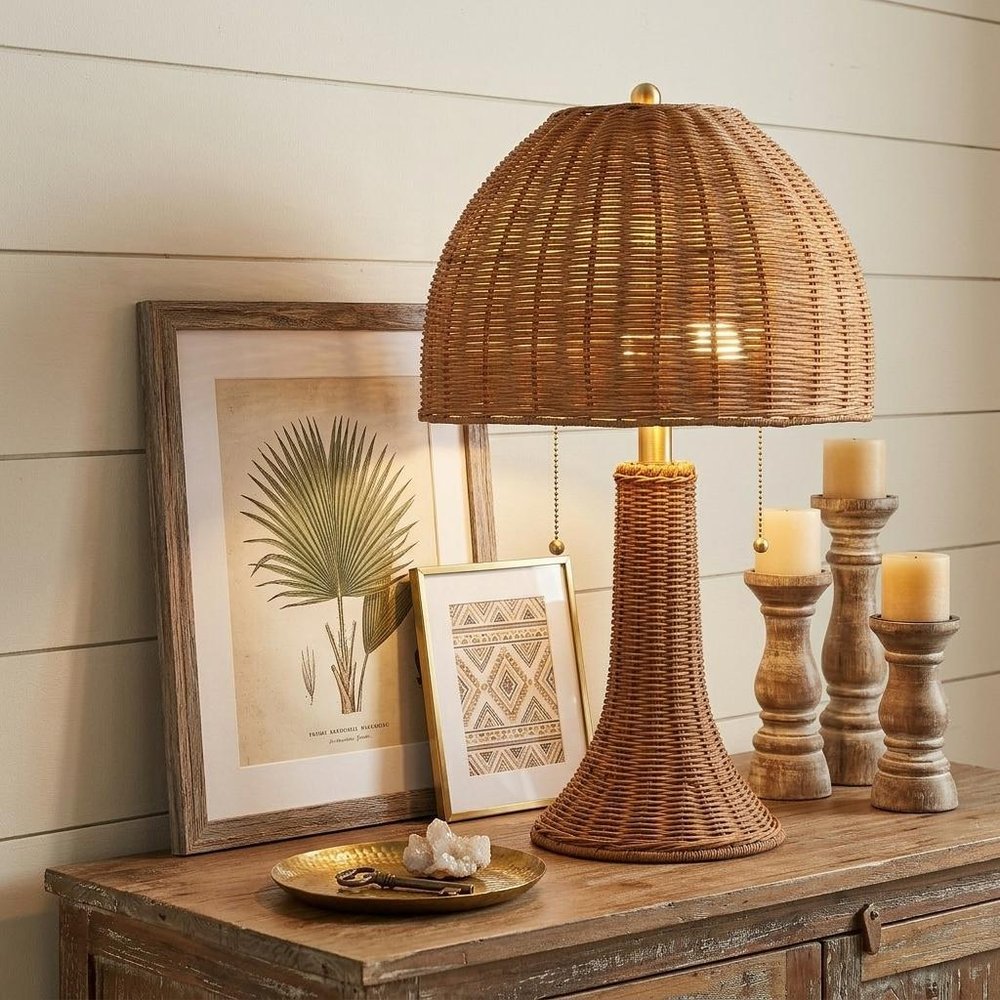 22" Natural Lantern Bedside Lamp With Dome Shade