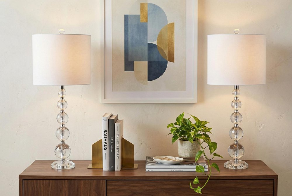Set of Two 27" Clear Table Lamps With Drum Shades