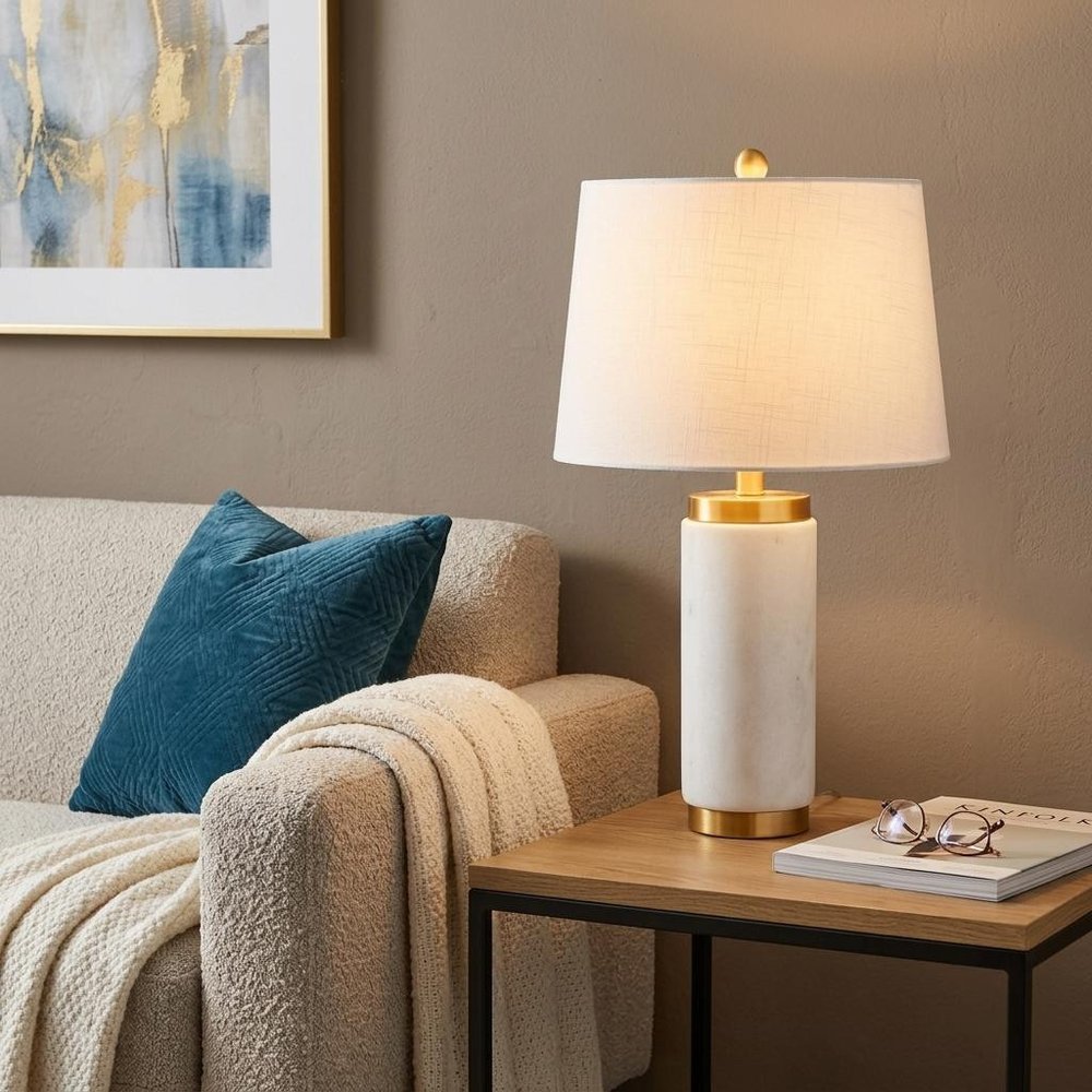 23" White And Gold Bedside Lamp With Empire Shade
