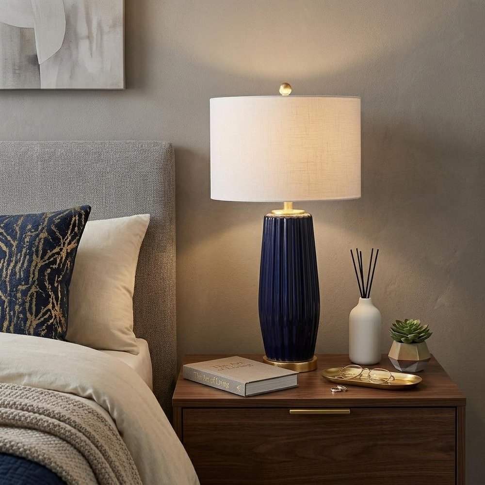 29" Navy Blue And Gold Table Lamp With Drum Shade