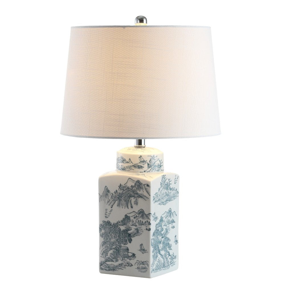25" Blue And White Table Lamp With Drum Shade