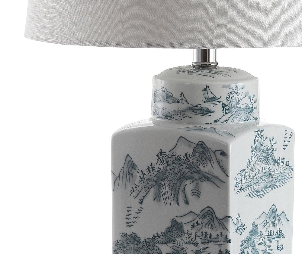 25" Blue And White Table Lamp With Drum Shade
