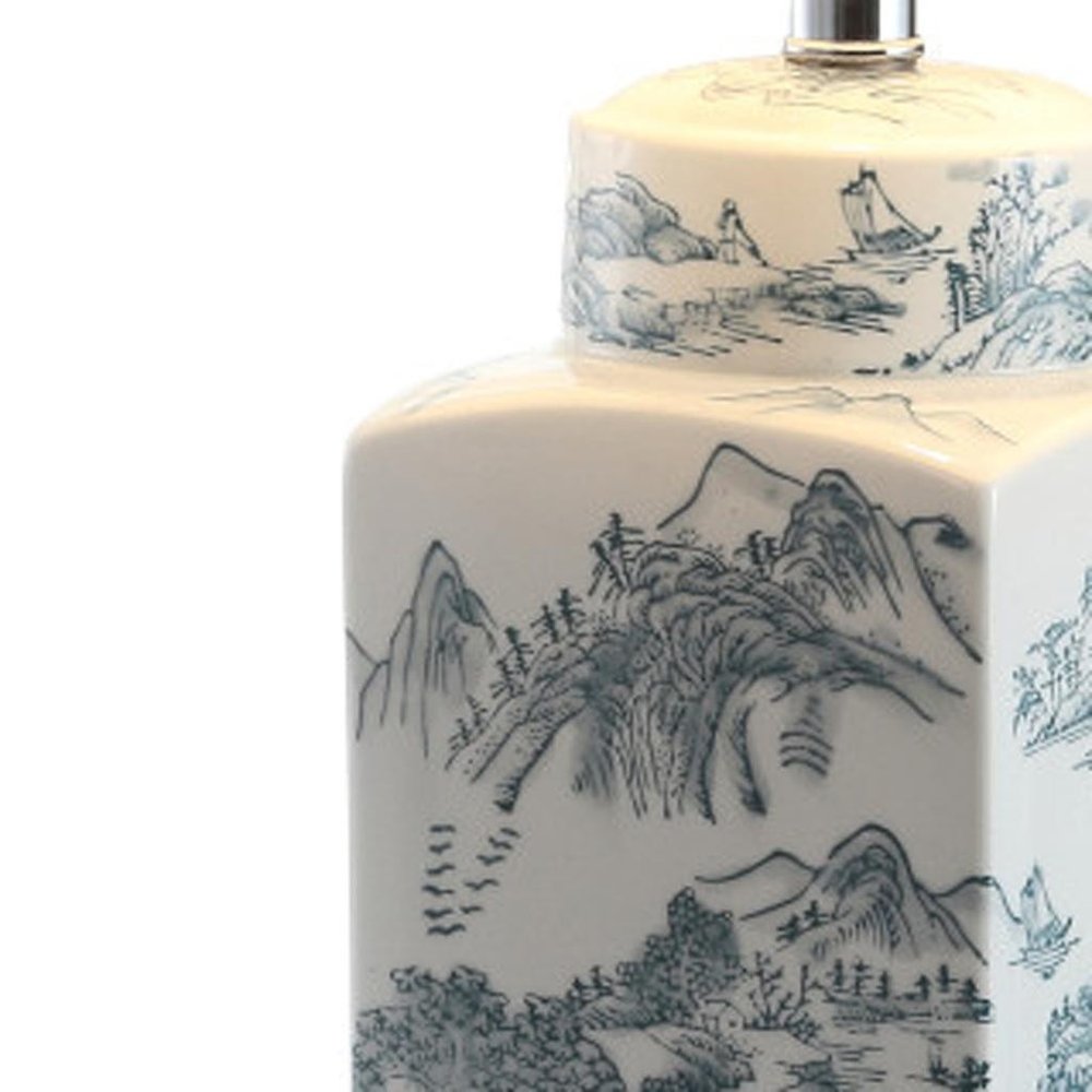 25" Blue And White Table Lamp With Drum Shade