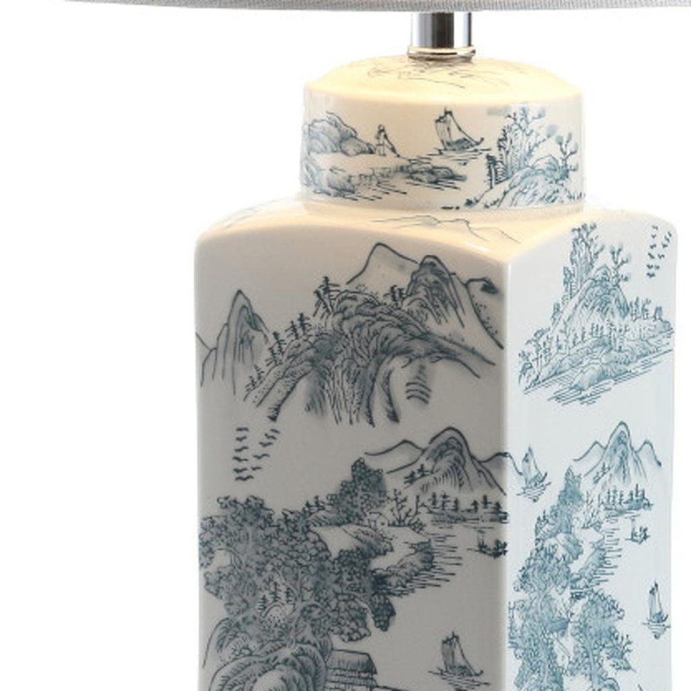 25" Blue And White Table Lamp With Drum Shade