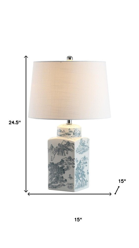 25" Blue And White Table Lamp With Drum Shade