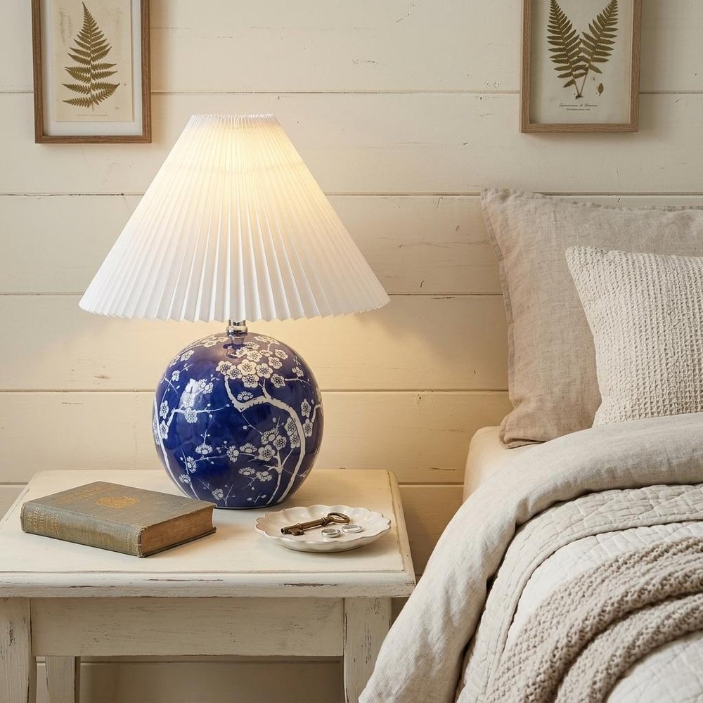 20" Blue And White Globe Table Lamp With Cone Shade