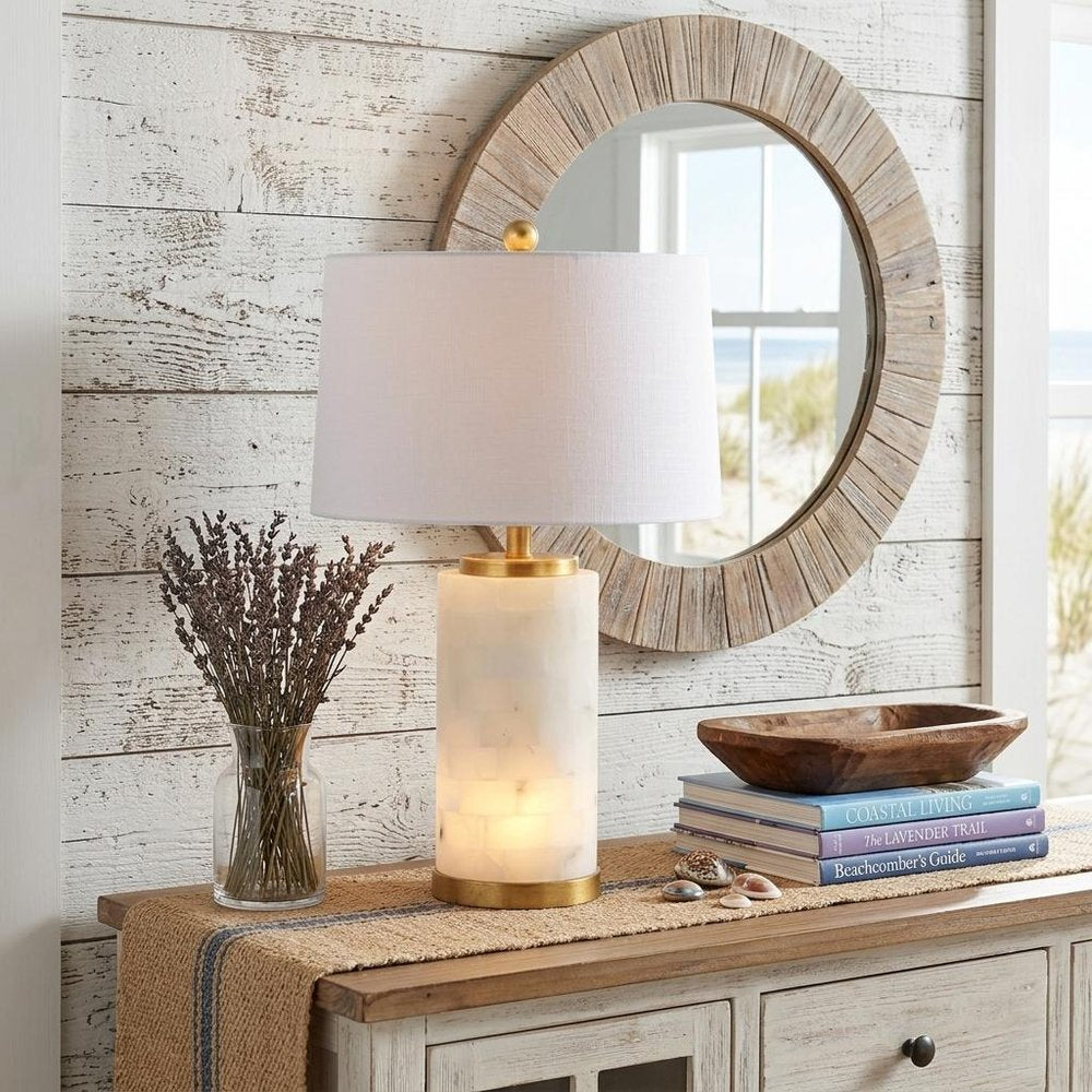 26" White And Gold Table Lamp With Drum Shade