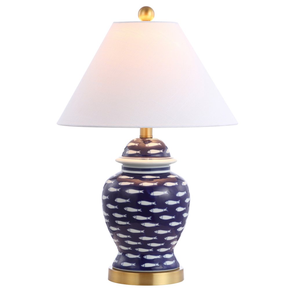 22" Navy Blue White And Gold Urn Table Lamp With Empire Shade