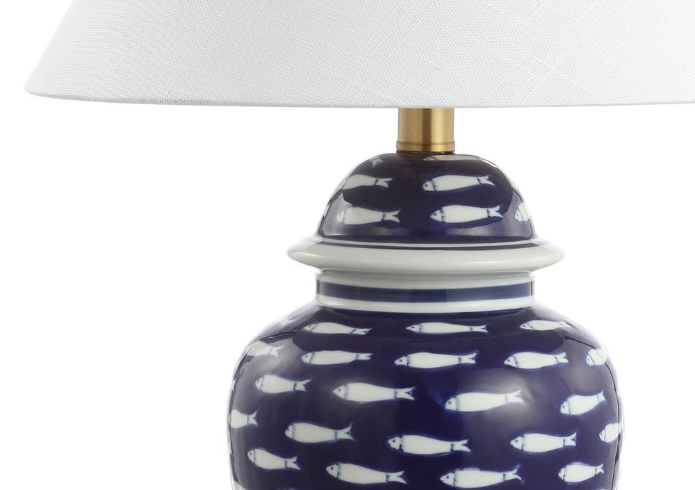 22" Navy Blue White And Gold Urn Table Lamp With Empire Shade