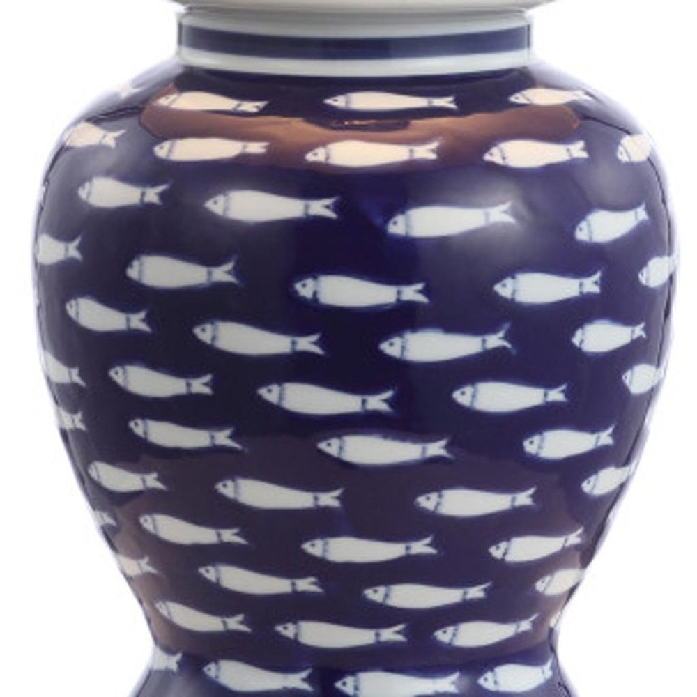 22" Navy Blue White And Gold Urn Table Lamp With Empire Shade