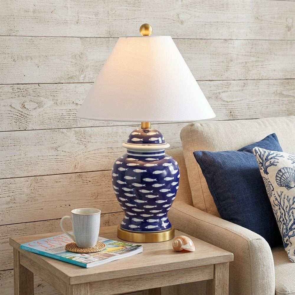 22" Navy Blue White And Gold Urn Table Lamp With Empire Shade
