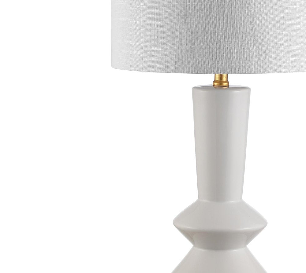 27" White And Gold Geometric Table Lamp With Drum Shade