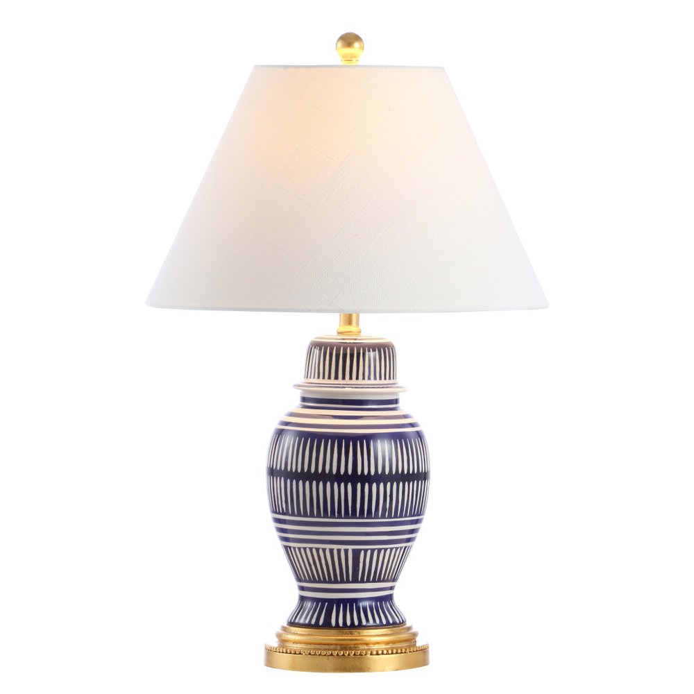 27" Navy Blue Gold And White Urn Table Lamp With Empire Shade