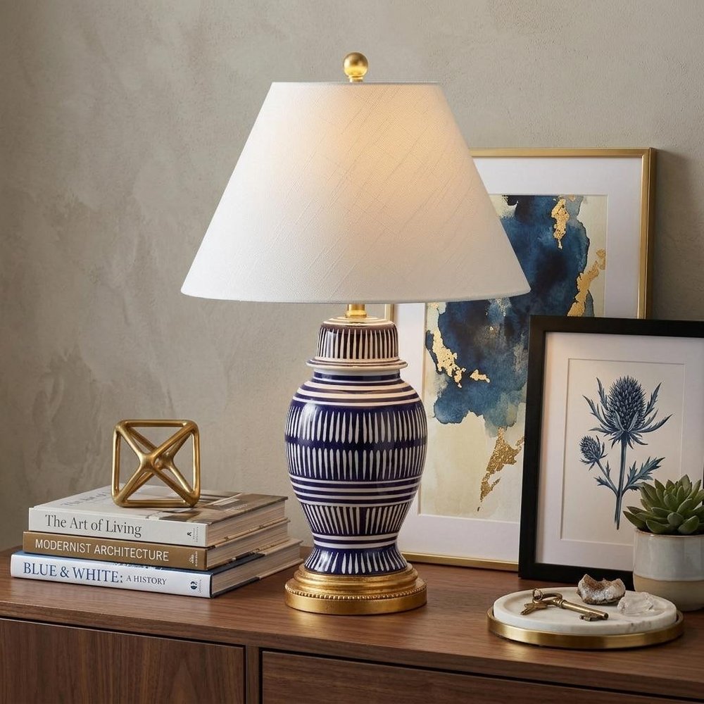 27" Navy Blue Gold And White Urn Table Lamp With Empire Shade