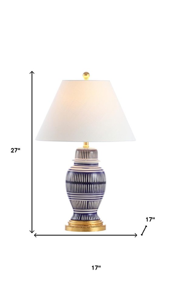 27" Navy Blue Gold And White Urn Table Lamp With Empire Shade