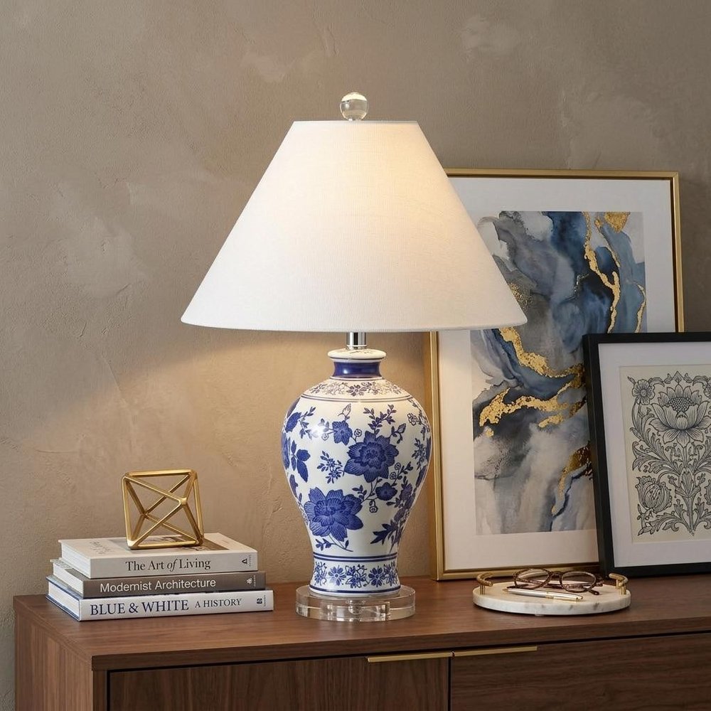 22" Navy Blue Gold And White Urn Table Lamp With Empire Shade