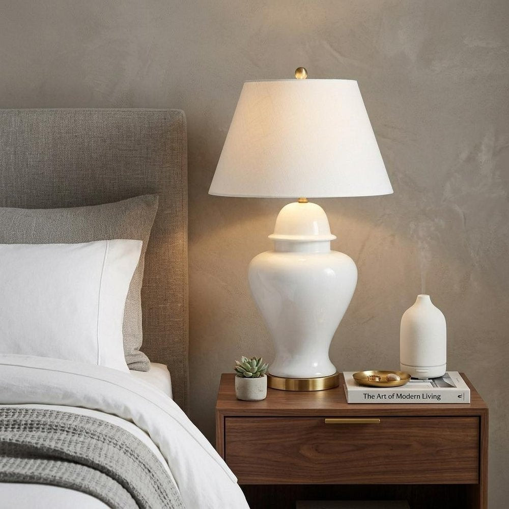 33" White And Gold Urn Table Lamp With Empire Shade