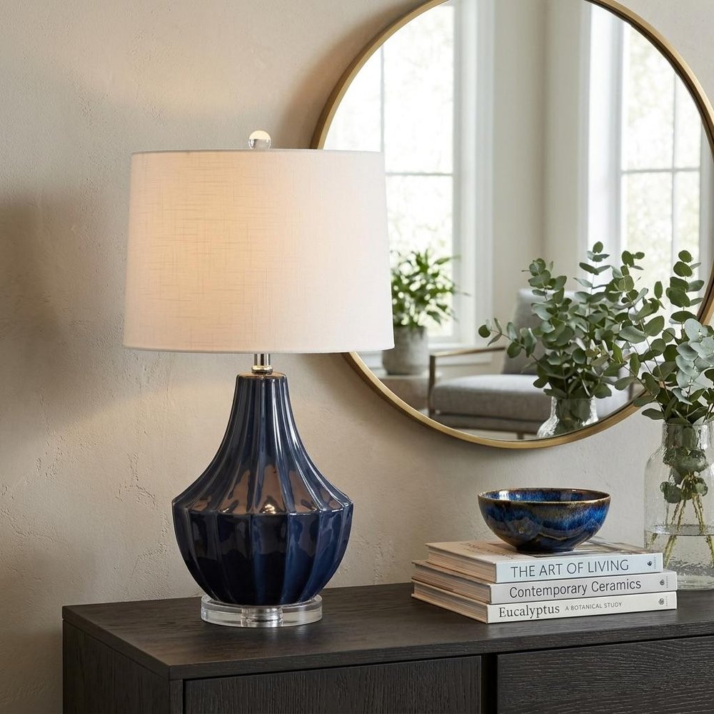 25" Navy Blue And Clear Novelty Table Lamp With Drum Shade