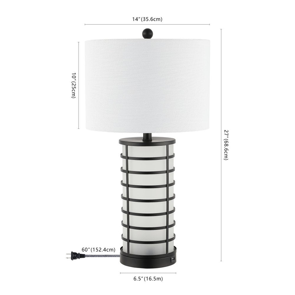 27" Black USB Table Lamp With Drum Shade