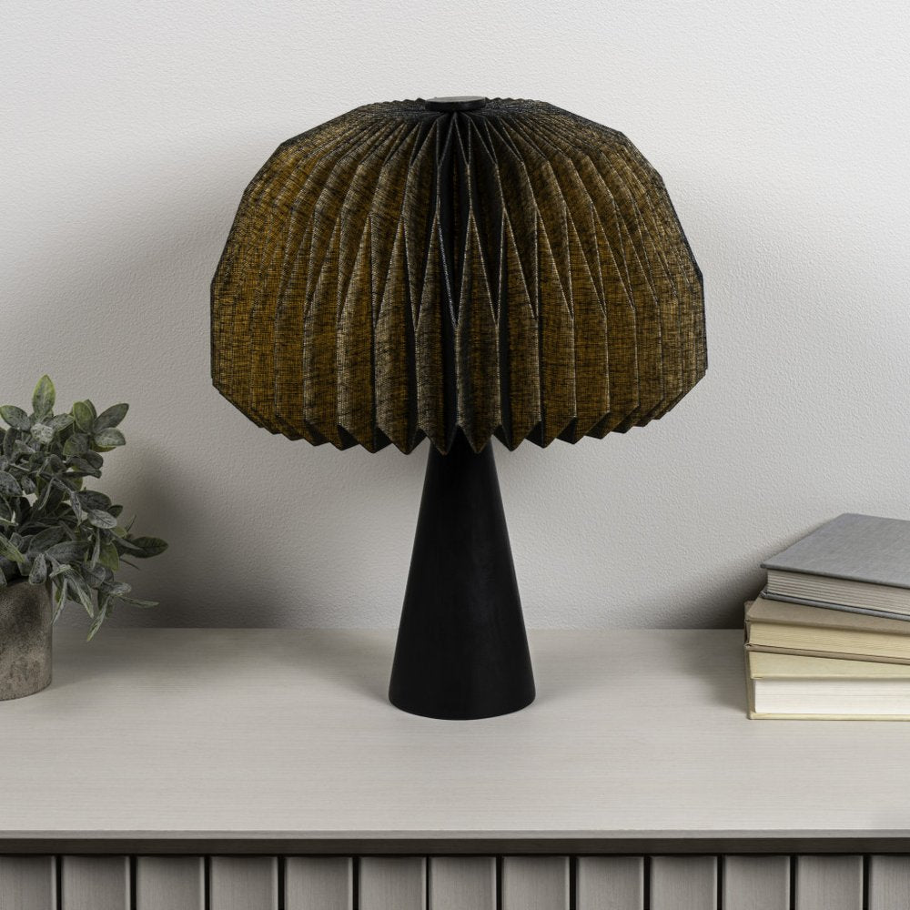 16" Black Ribbed Geometric Bedside Lamp With Dome Shade