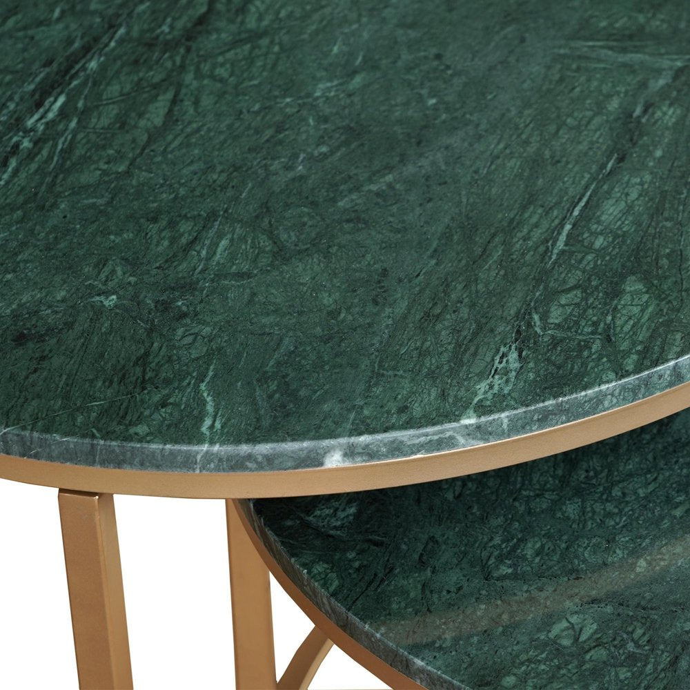 Set Of Two Green and Gold Genuine Marble and Iron Round Frame Nested Coffee Tables
