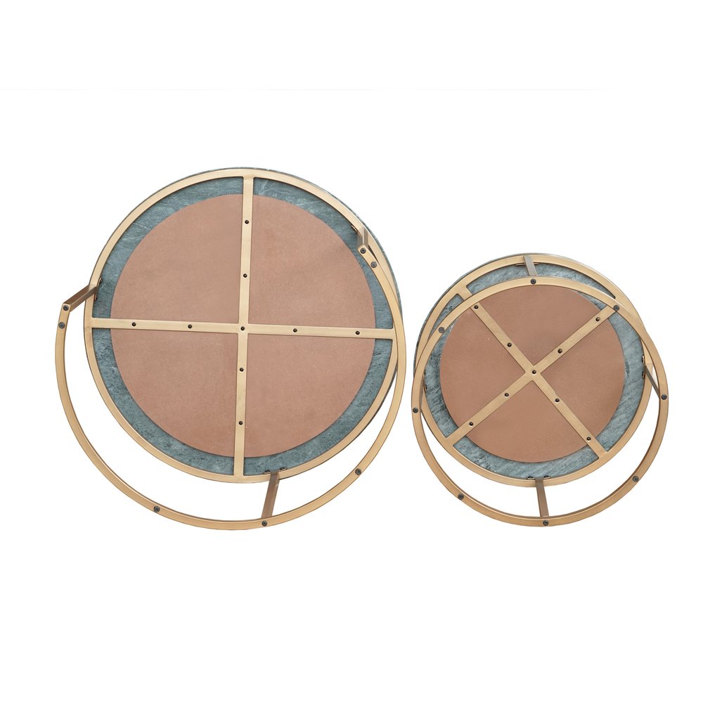 Set Of Two Green and Gold Genuine Marble and Iron Round Frame Nested Coffee Tables