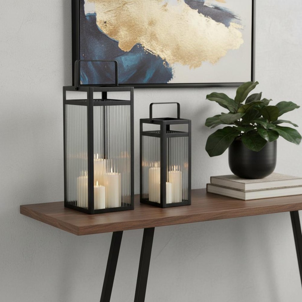 Set of Two Black Metal Floor Lantern Candle Holders