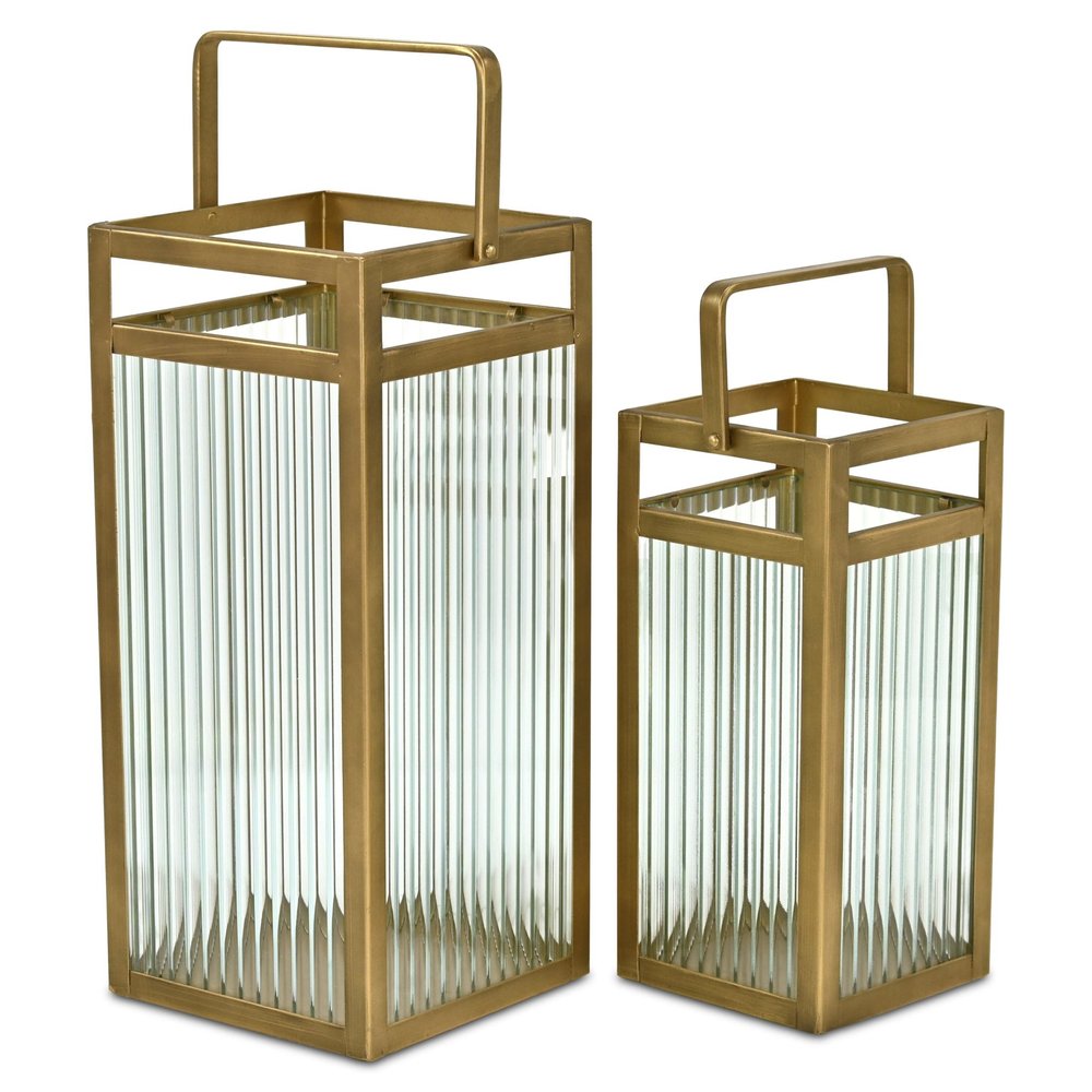 Set of Two Gold Metal Floor Lantern Candle Holders