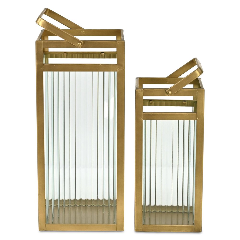 Set of Two Gold Metal Floor Lantern Candle Holders