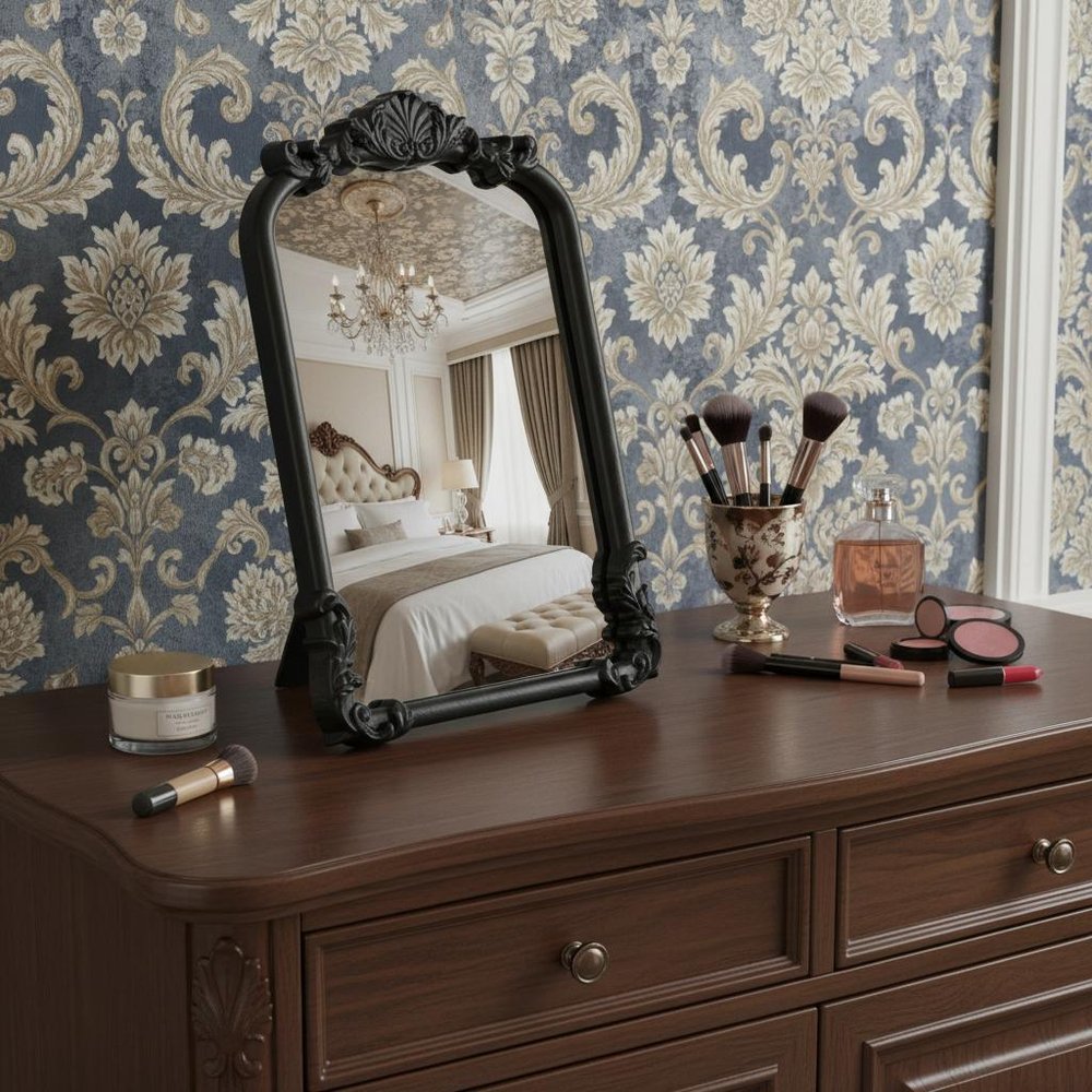 12" Black Solid Wood Scalloped Framed Makeup Shaving Tabletop Mirror