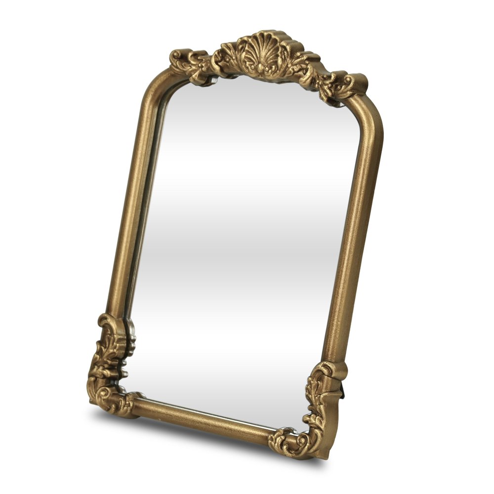 12" Gold Solid Solid Wood Scalloped Framed Makeup Shaving Tabletop Mirror