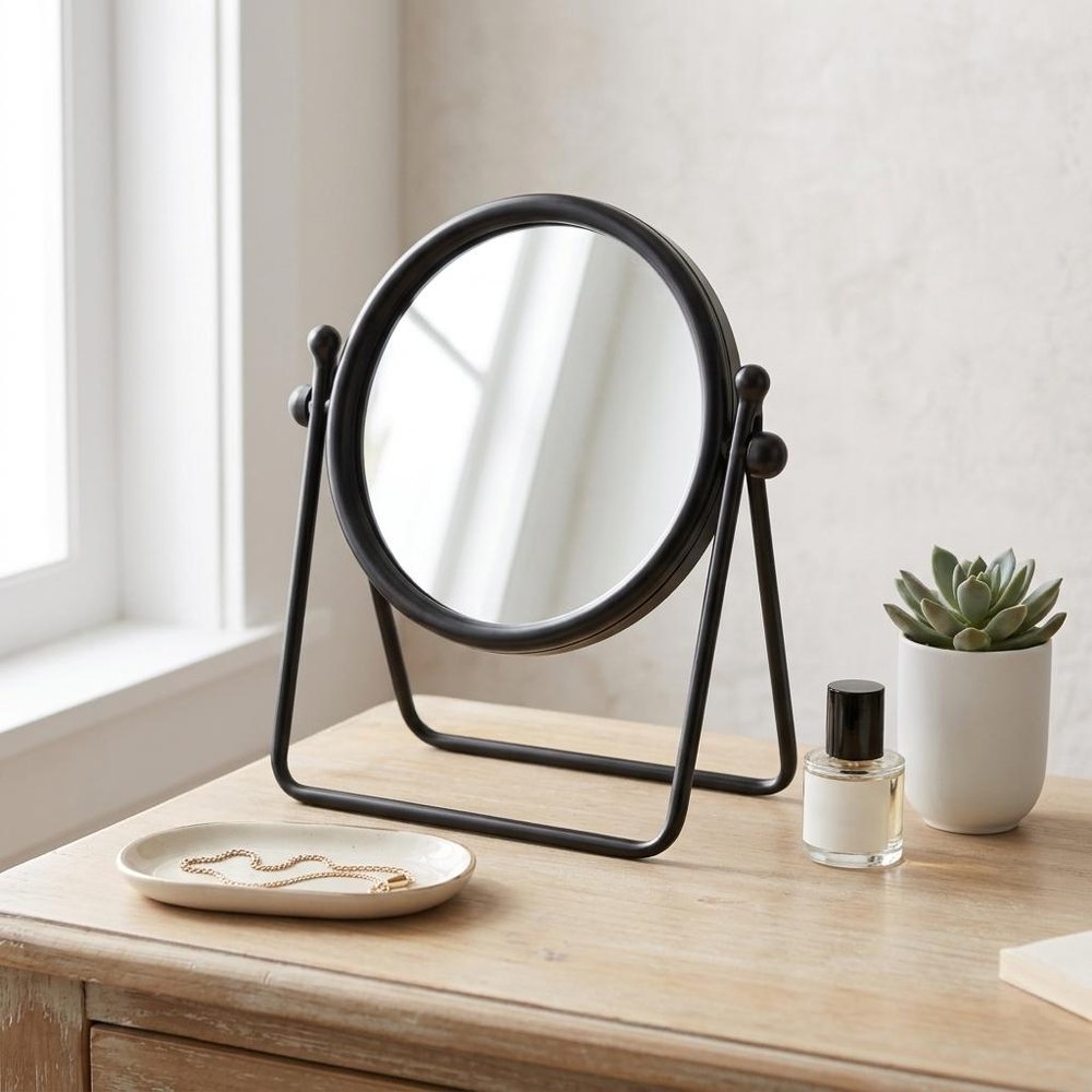 10" Black Metal Round Framed Adjustable Makeup Shaving Tabletop Mirror
