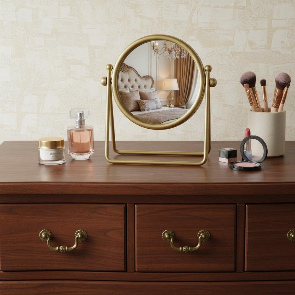 10" Gold Metal Round Tilting Framed Makeup Shaving Tabletop Mirror