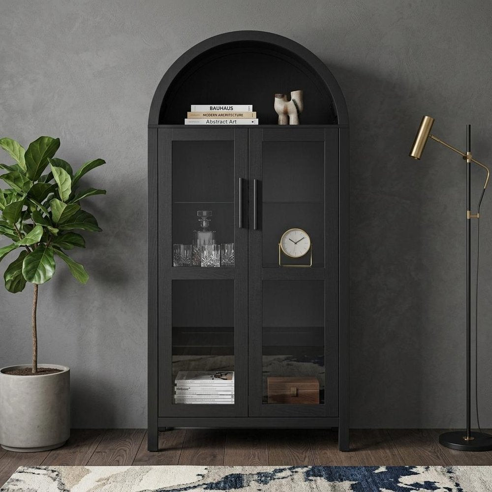 30" Black Wood Oval Accent Cabinet With Two Doors