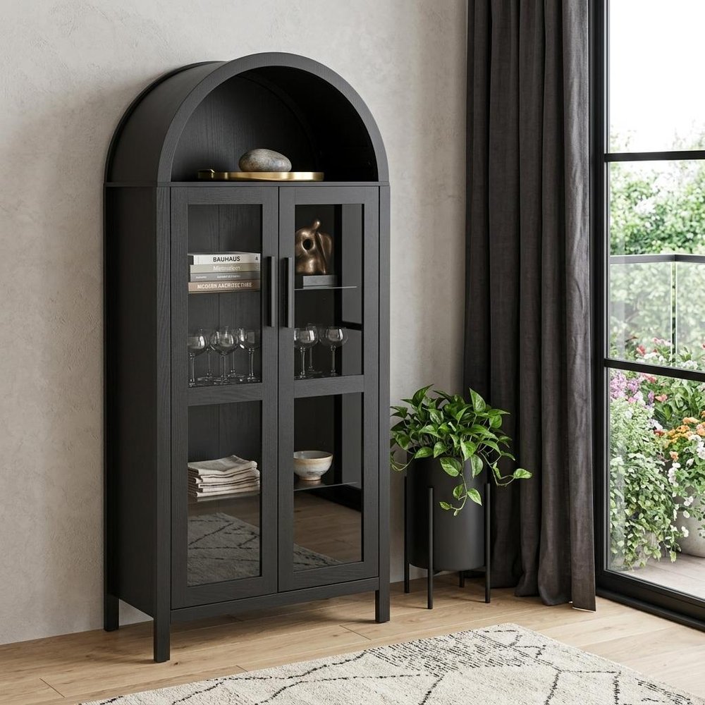 30" Black Wood Oval Accent Cabinet With Two Doors